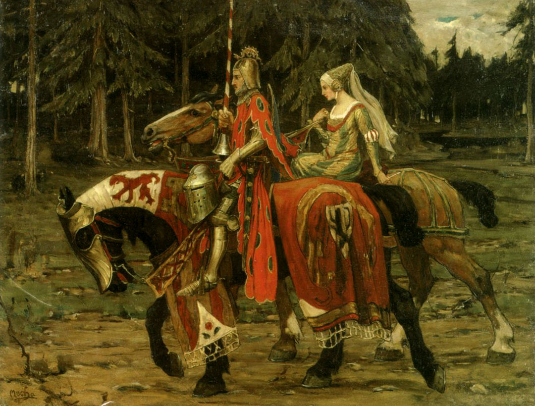 рыцарь и дама едут через лес на лошадях