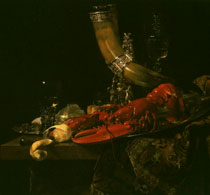 Калф Натюрморт с омаром рогом для вина и бокалами