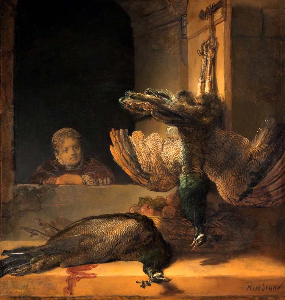 Рембрандт Натюрморт с двумя павлинами и девушкой