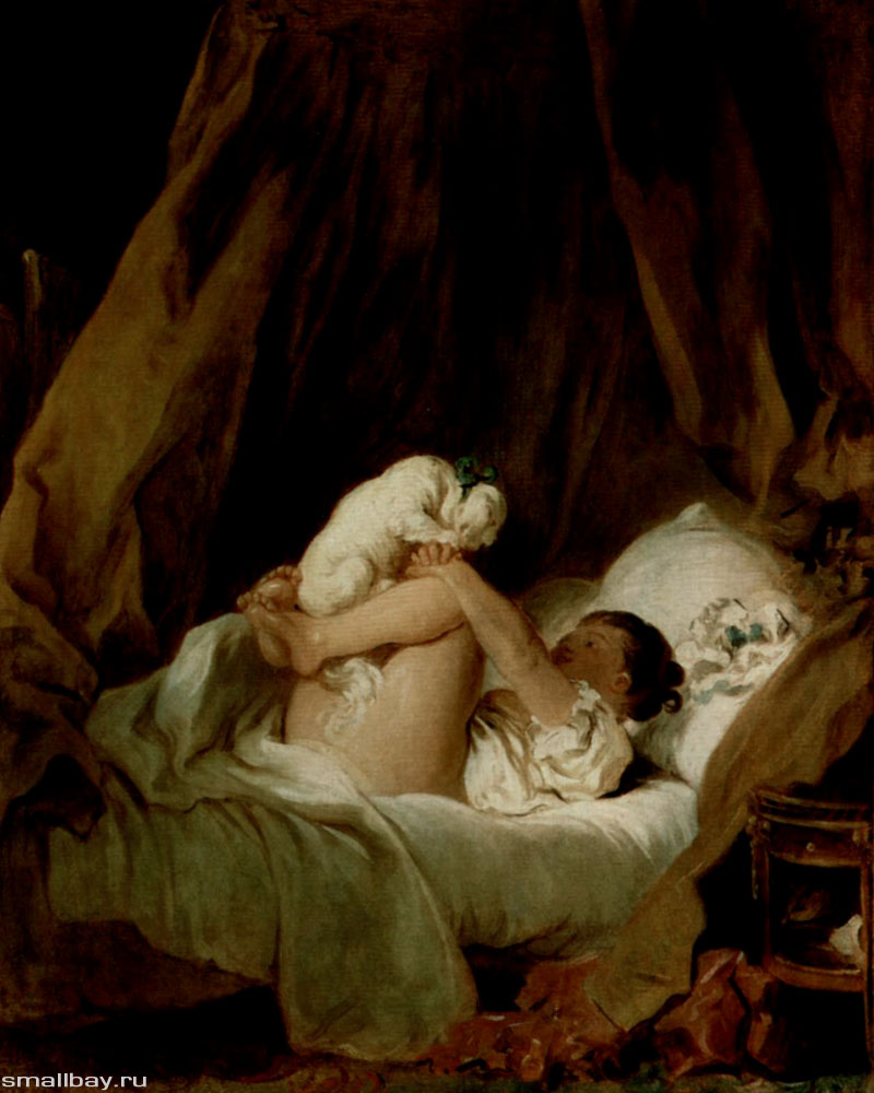 Фрагонар Девочка в постели, играющая с собачкой
